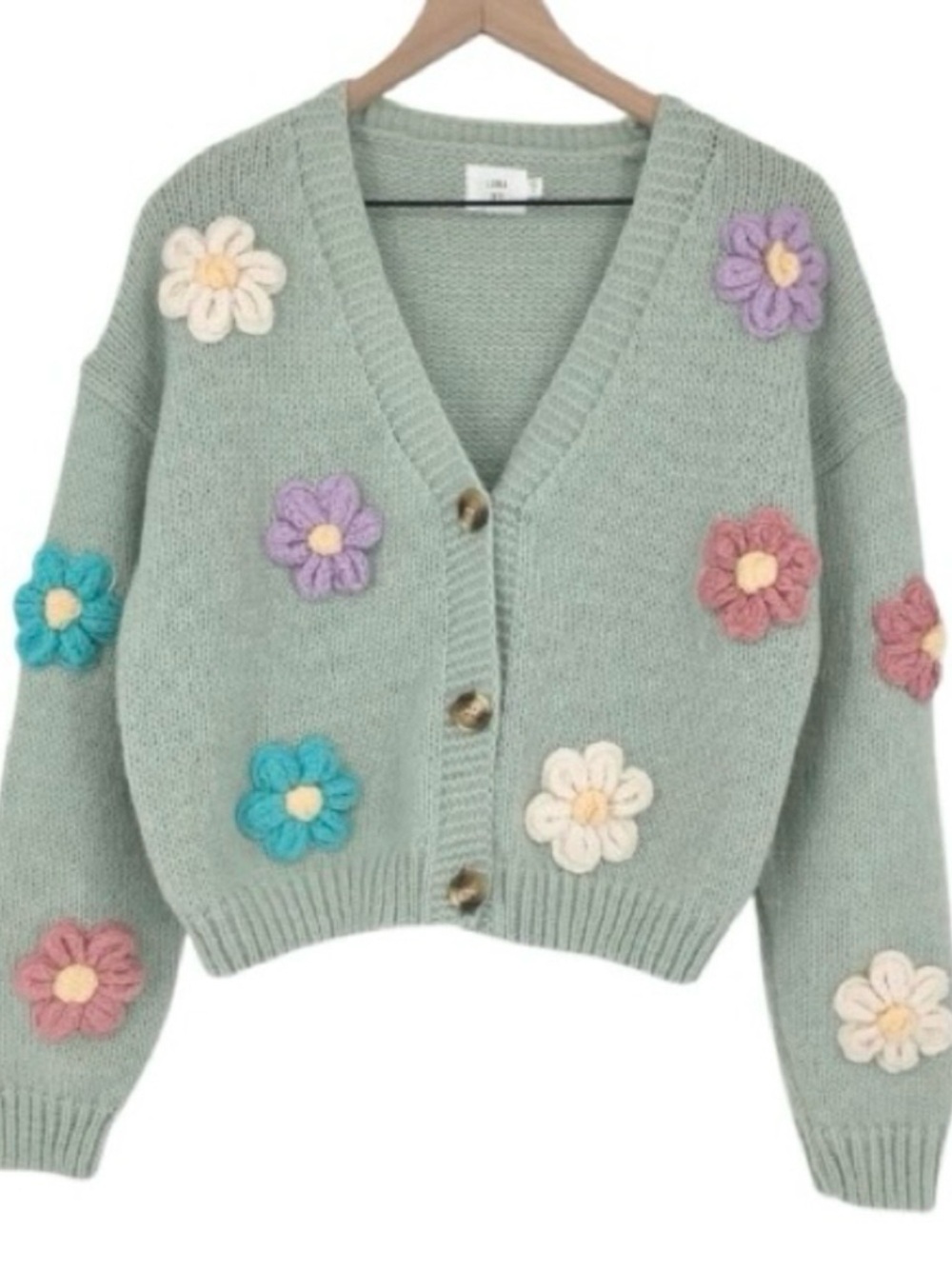 Luna Ivy Cardigan Sweater Green Floral Long Sleeve 3d Flowers Cropped